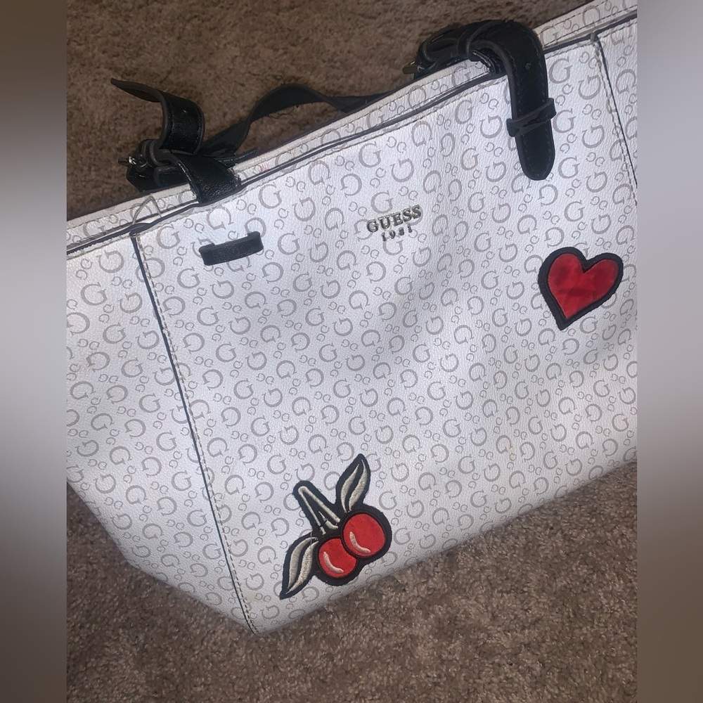 GUESS White and Black Tote Bag with Red Accents